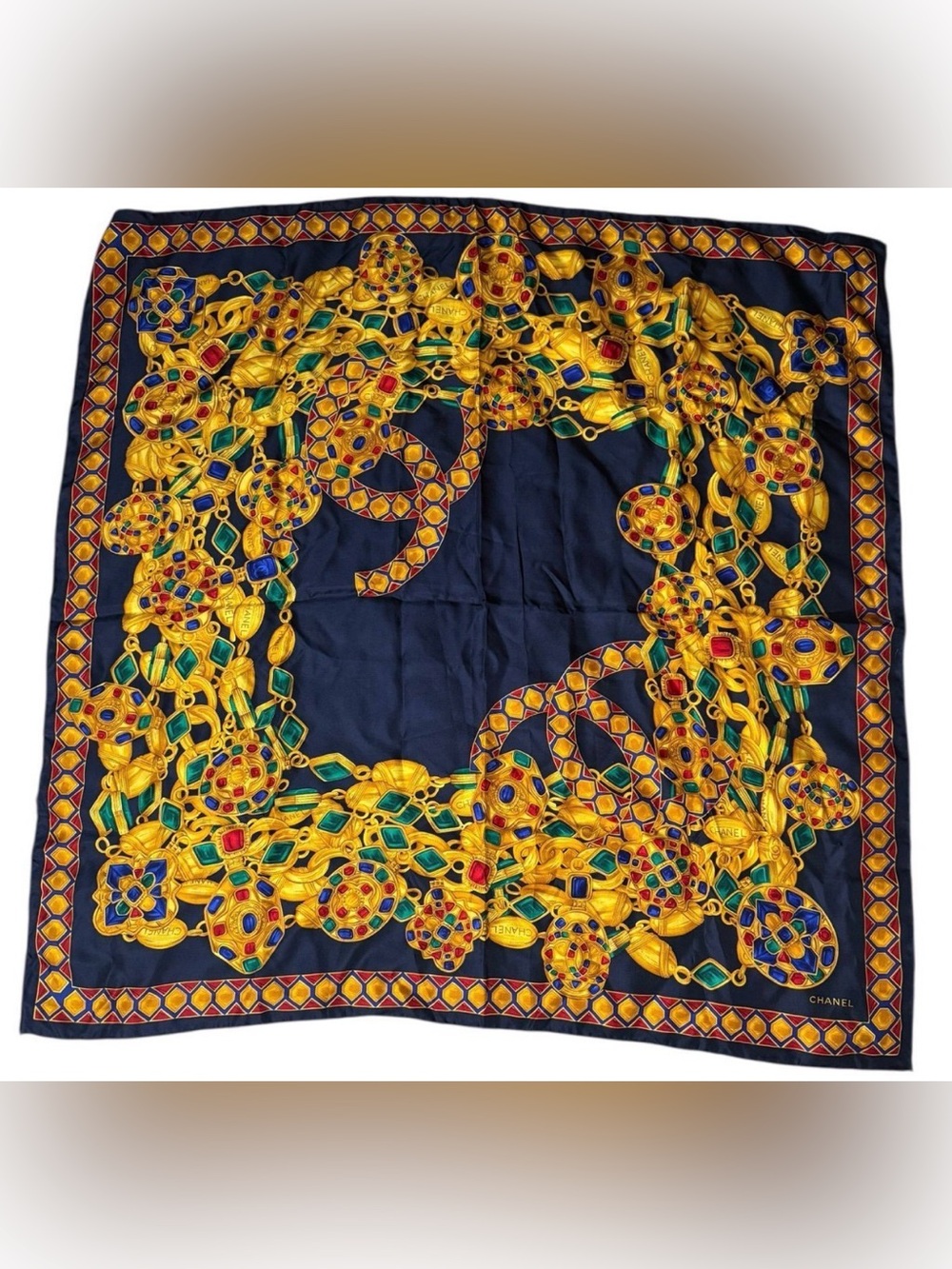 CHANEL Navy Blue Silk Scarf with Gold, Green and Red Jeweled Chain Motif